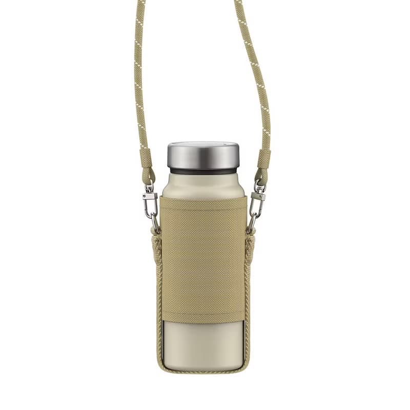 【孔雀Peacock】400ML 不鏽鋼保溫杯 可調杯袋登山扣環-米+米杯袋