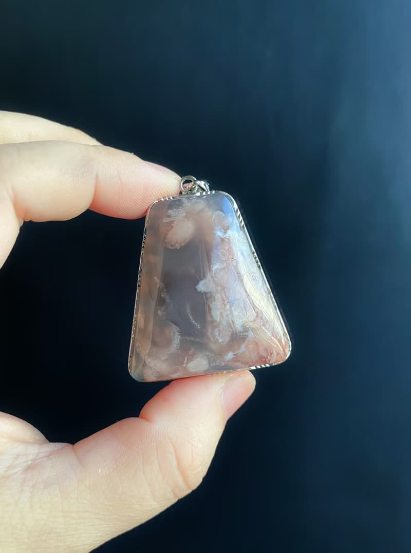 櫻花瑪瑙 S925銀鑲 灰冰粉小碎花 項鍊 閨密 天然石 禮物