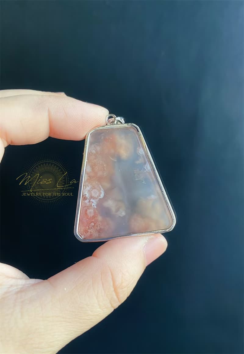 櫻花瑪瑙 S925銀鑲 灰冰粉小碎花 項鍊 閨密 天然石 禮物