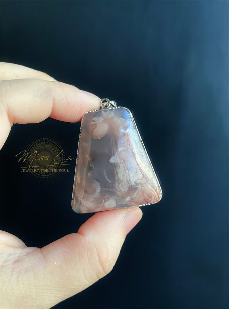 櫻花瑪瑙 S925銀鑲 灰冰粉小碎花 項鍊 閨密 天然石 禮物