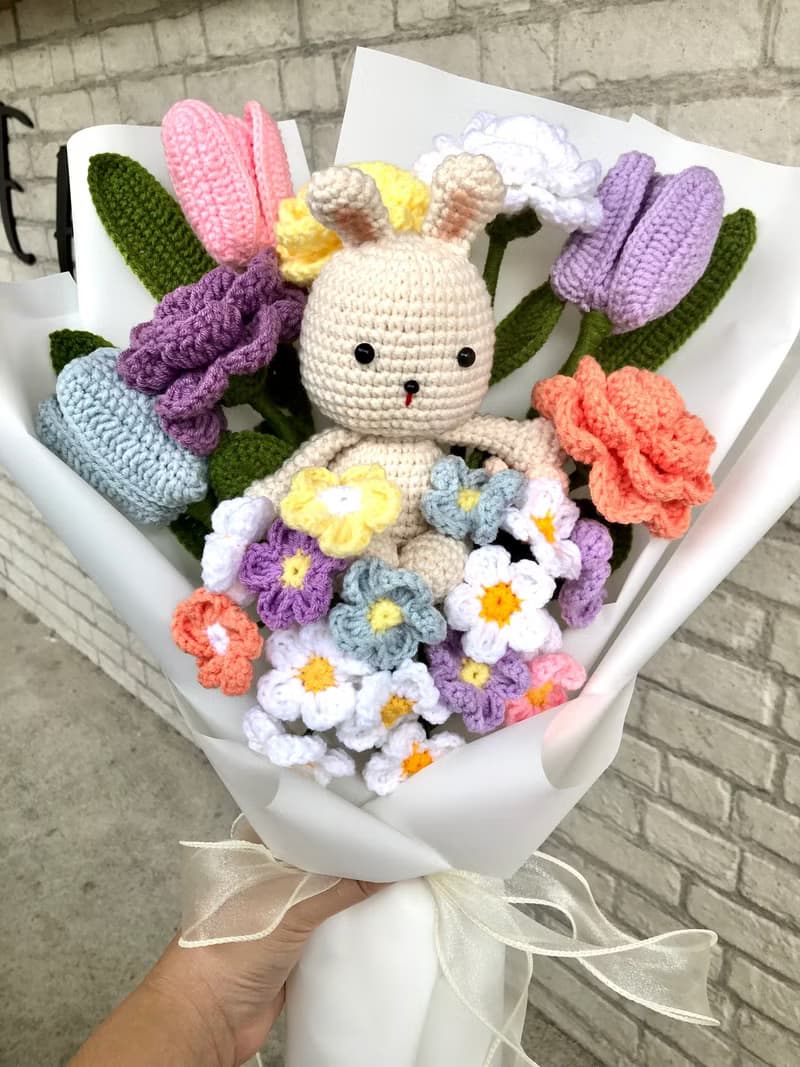 Crochet Bunny with Riandow Tulip Rose and Forget me not Flower Bouquet