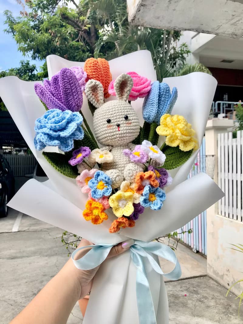 Crochet Bunny with Riandow Tulip Rose and Forget me not Flower Bouquet