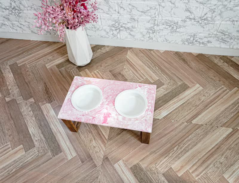 フルイドアート(ピンク)フードスタンド　フードボウル　食器スタンド　小型犬　中型犬　ネコ　木製　オーダー可能