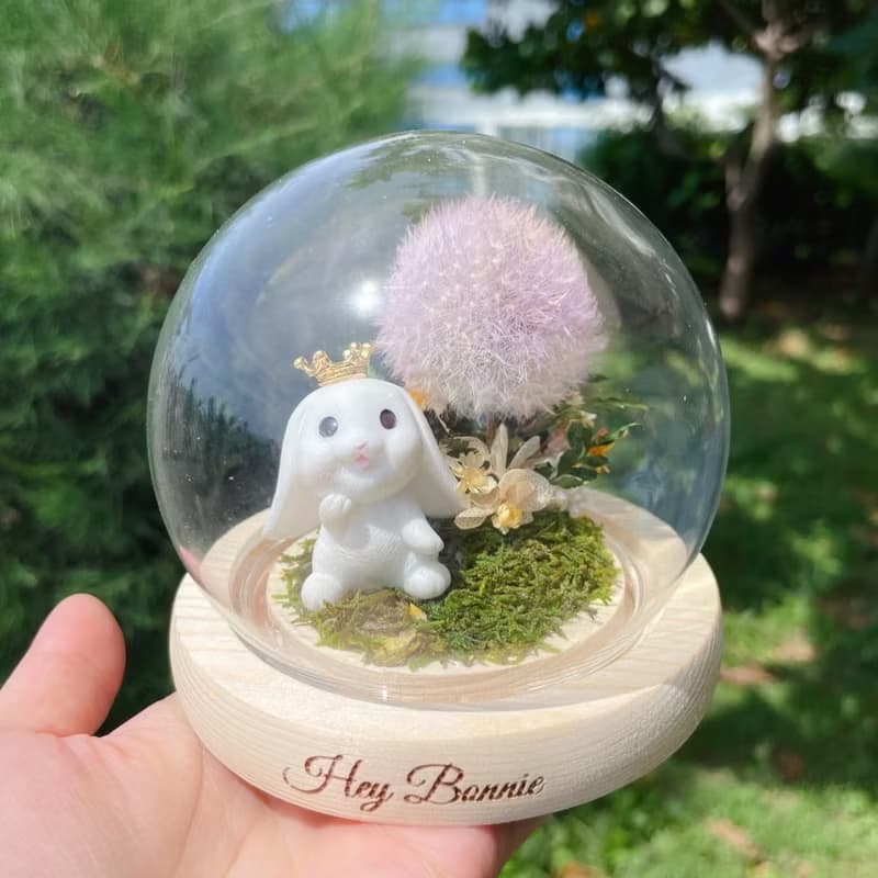 玉兔賞月 永生蒲公英玻璃圓球LED花盅