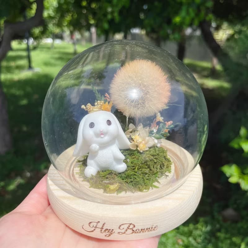 玉兔賞月 永生蒲公英玻璃圓球LED花盅