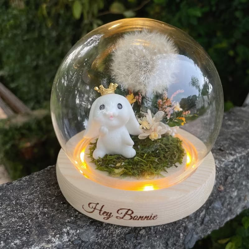 玉兔賞月 永生蒲公英玻璃圓球LED花盅