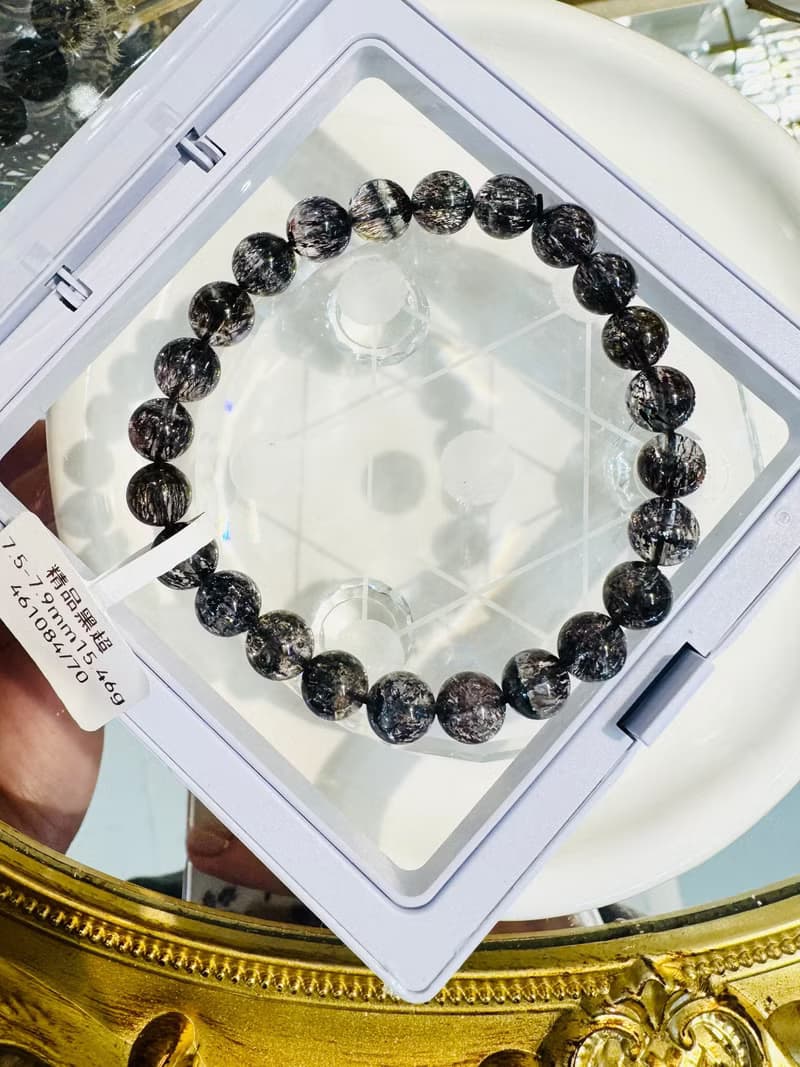 天然精品煙花黑超七7.5-7.9mm15.46g黑加侖透體多礦閃片高頻率磁