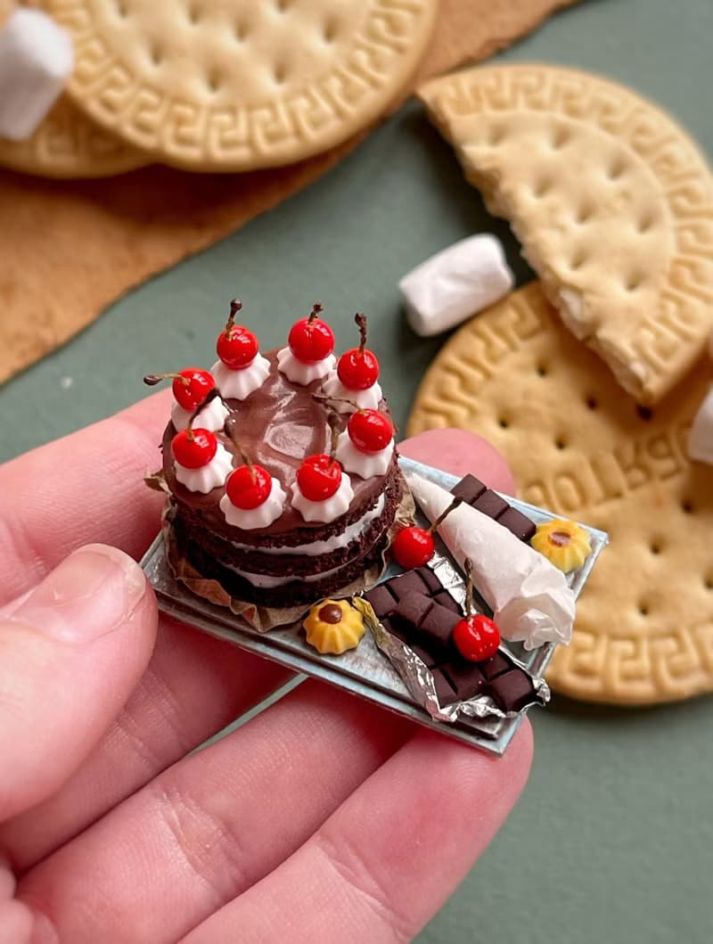 Miniature chocolate cake set with cherries