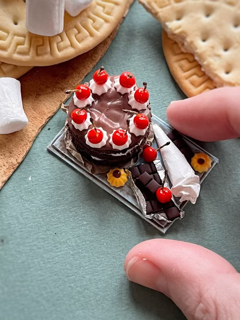 Miniature chocolate cake set with cherries
