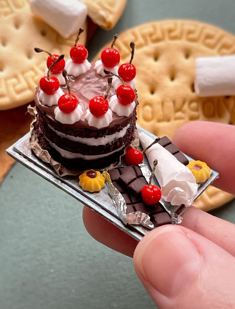 Miniature chocolate cake set with cherries