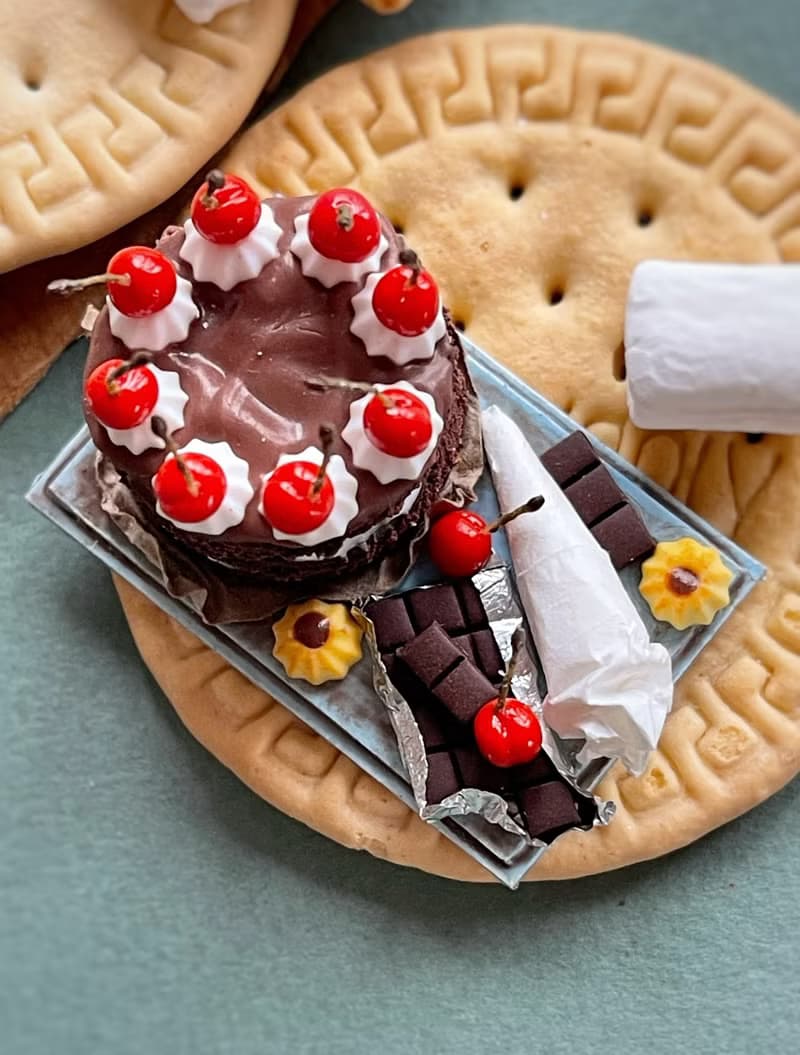 Miniature chocolate cake set with cherries