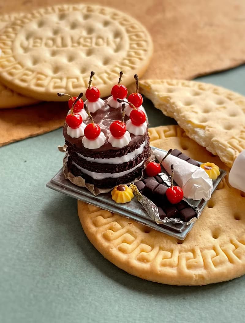 Miniature chocolate cake set with cherries