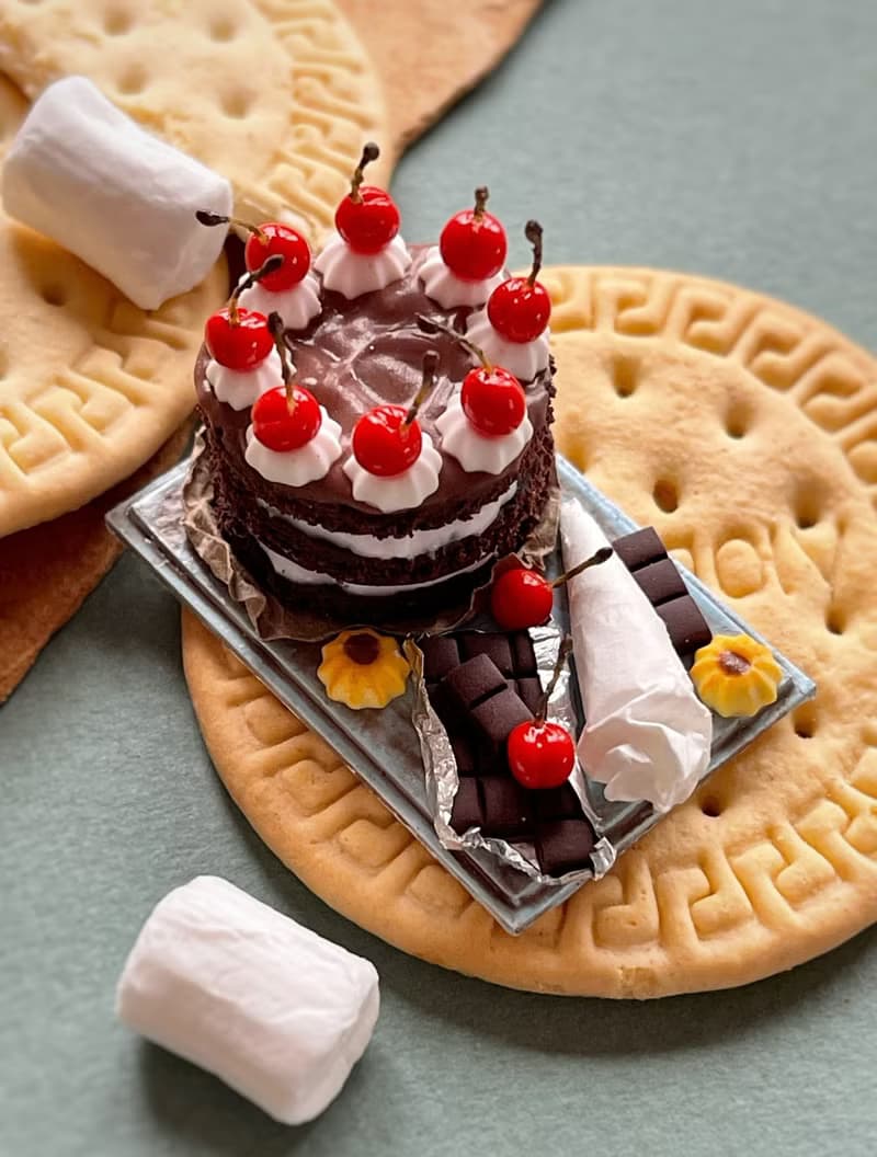 Miniature chocolate cake set with cherries