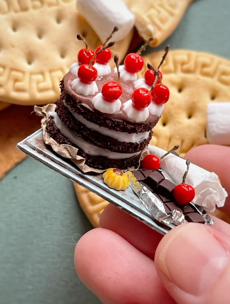 Miniature chocolate cake set with cherries