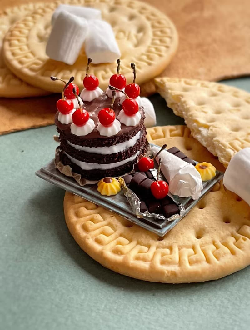 Miniature chocolate cake set with cherries