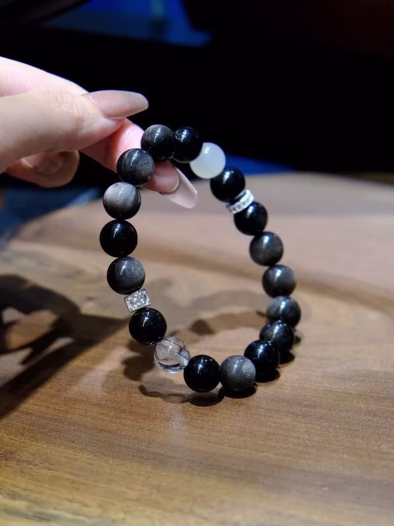 銀曜石手鏈能量雙生10mm銀耀石黑髮晶手鏈黑色能量擋小人必備情侶