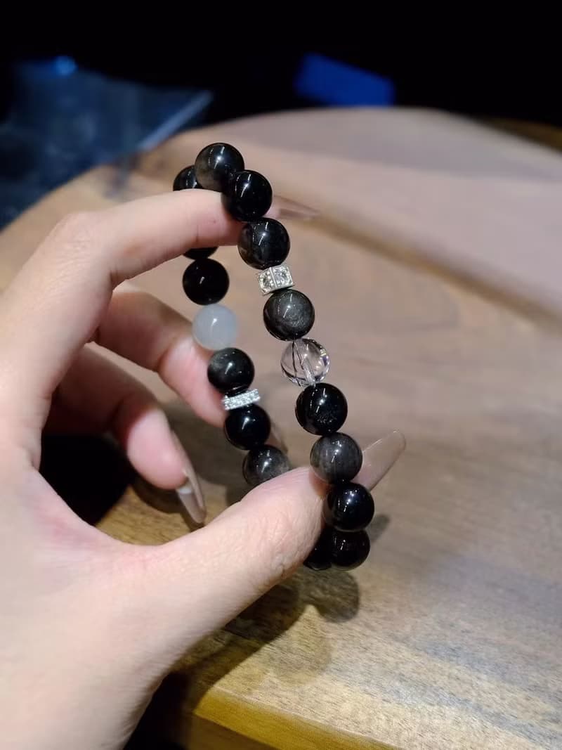 銀曜石手鏈能量雙生10mm銀耀石黑髮晶手鏈黑色能量擋小人必備情侶