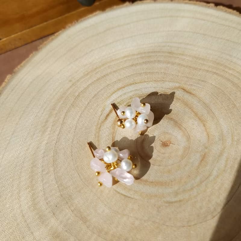 粉水晶 淡珍珠 花束 耳環耳針耳夾 鍍金 生日禮物
