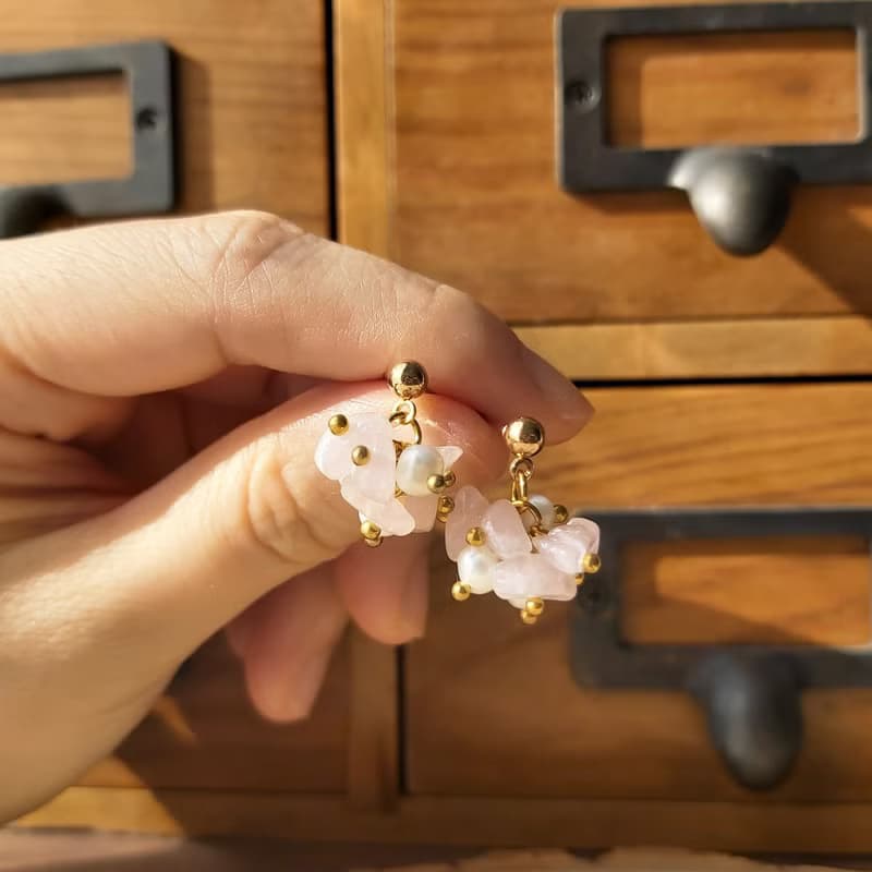 粉水晶 淡珍珠 花束 耳環耳針耳夾 鍍金 生日禮物