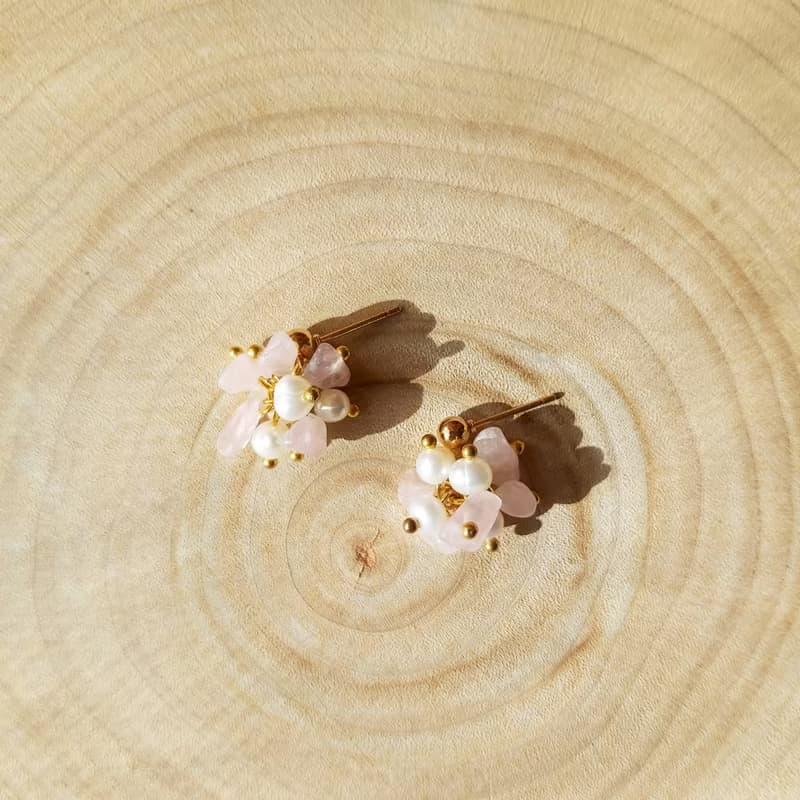 粉水晶 淡珍珠 花束 耳環耳針耳夾 鍍金 生日禮物