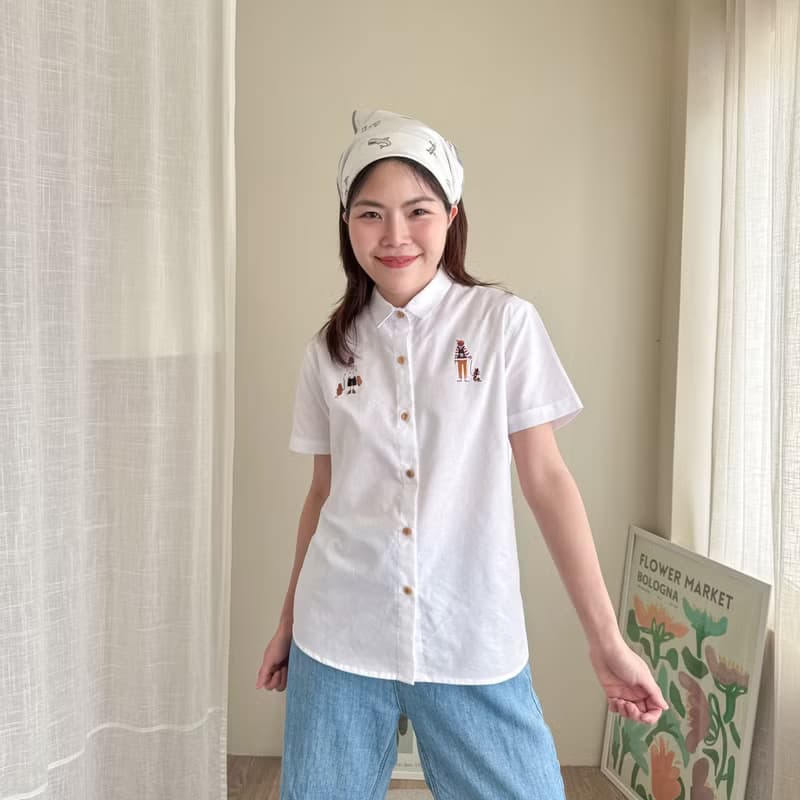 刺绣衬衫 (Embroidery Shirt) : 白色 (White color) : 与猫同行