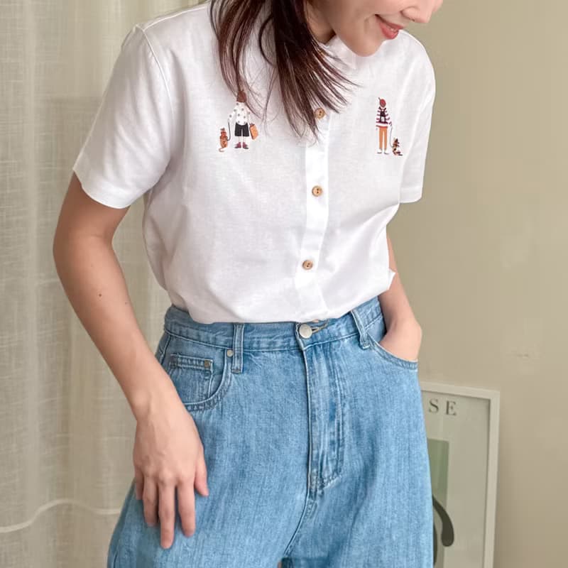 刺绣衬衫 (Embroidery Shirt) : 白色 (White color) : 与猫同行