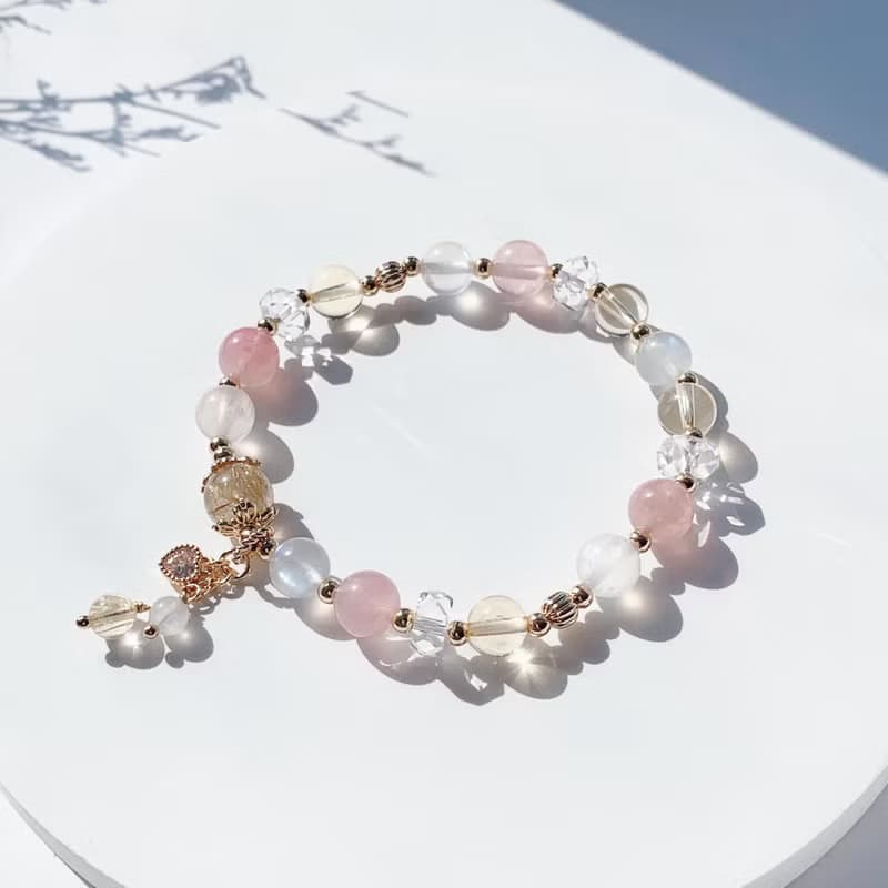 金髮晶 粉晶 黃水晶 月光石 切面白水晶 14k包金 天然水晶手鍊