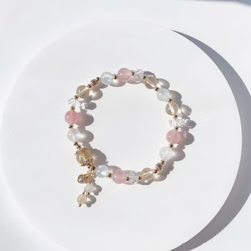 金髮晶 粉晶 黃水晶 月光石 切面白水晶 14k包金 天然水晶手鍊