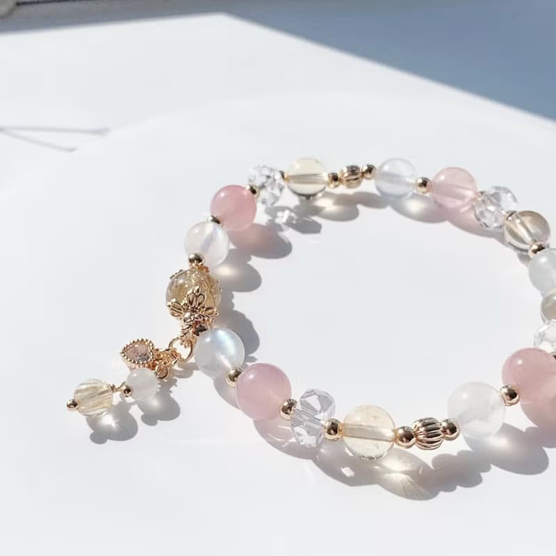 金髮晶 粉晶 黃水晶 月光石 切面白水晶 14k包金 天然水晶手鍊