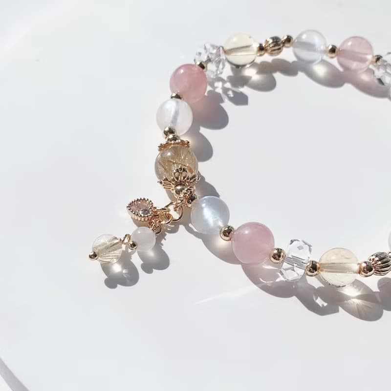 金髮晶 粉晶 黃水晶 月光石 切面白水晶 14k包金 天然水晶手鍊