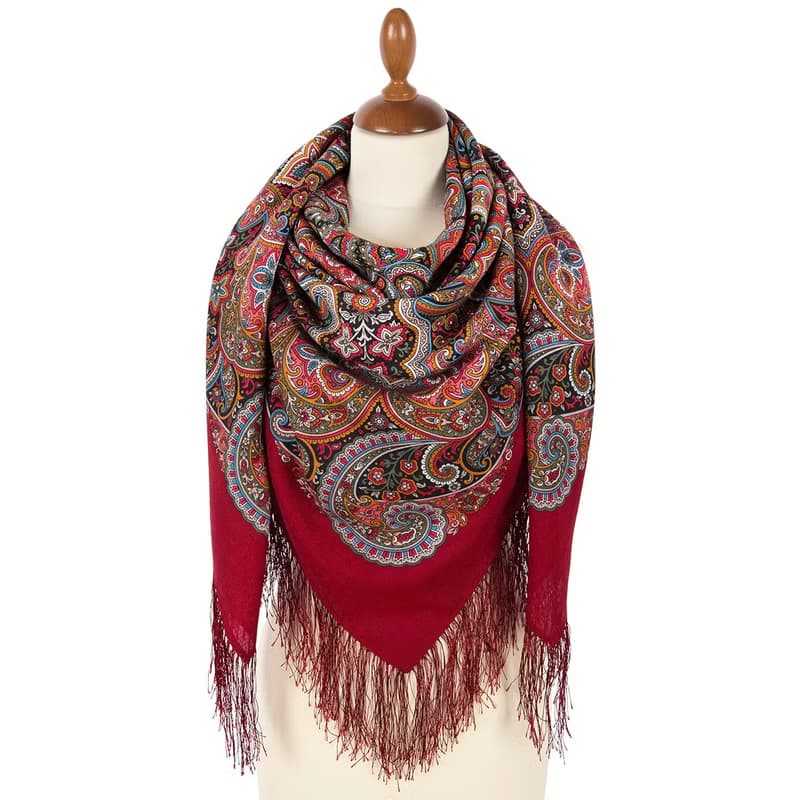 Pavlovo Posad Russian Shawl 100% Wool Scarf 125x125 cm Wrap Silk Fringe 1928-5