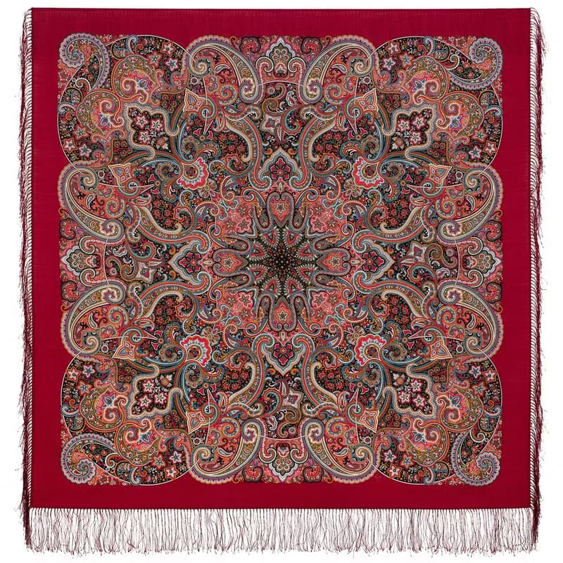 Pavlovo Posad Russian Shawl 100% Wool Scarf 125x125 cm Wrap Silk Fringe 1928-5