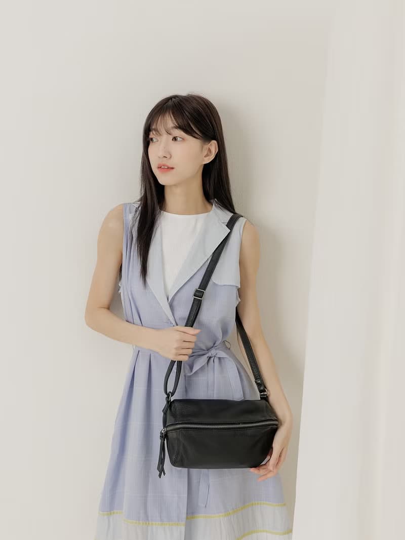 supportingrole 真皮當代風格優雅肩側背包 黑