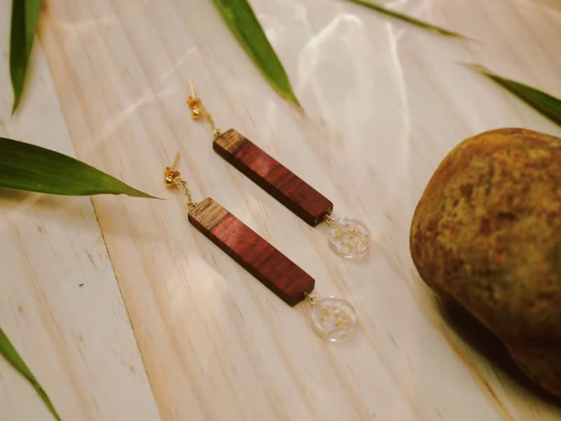 Rivulet 山月手工原創優雅木製碎花長款耳飾