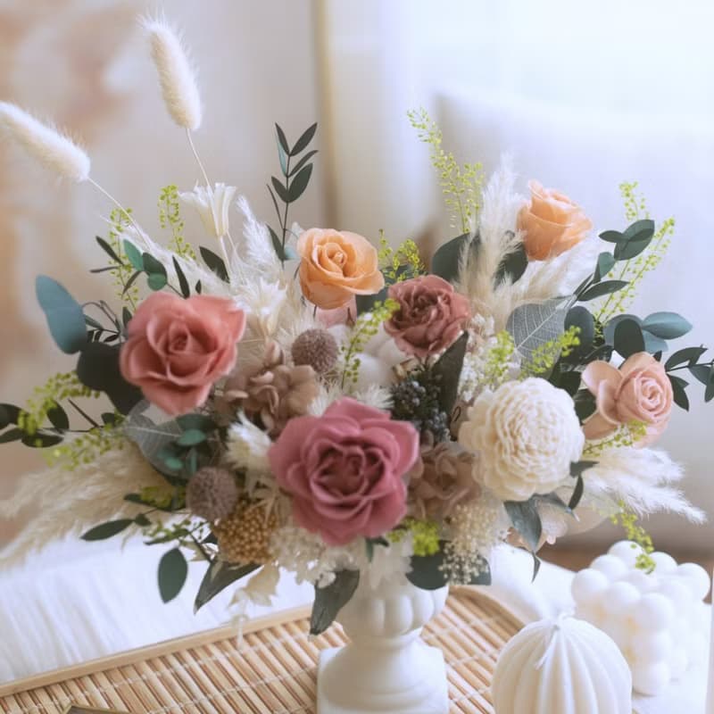 古典高腳花翁永生盆花 復古橘粉永生花 永生玫瑰花 開幕盆花