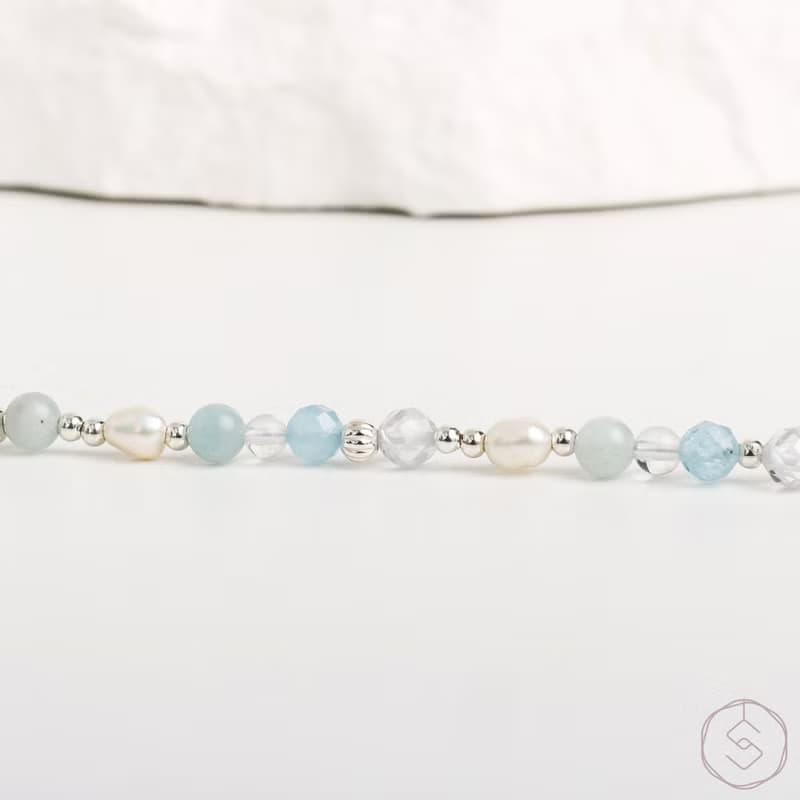 曙光 | 海藍寶 淡水珍珠 白水晶 S925純銀 | 天然水晶手鍊