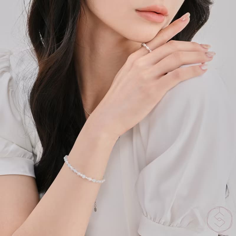 曙光 | 海藍寶 淡水珍珠 白水晶 S925純銀 | 天然水晶手鍊
