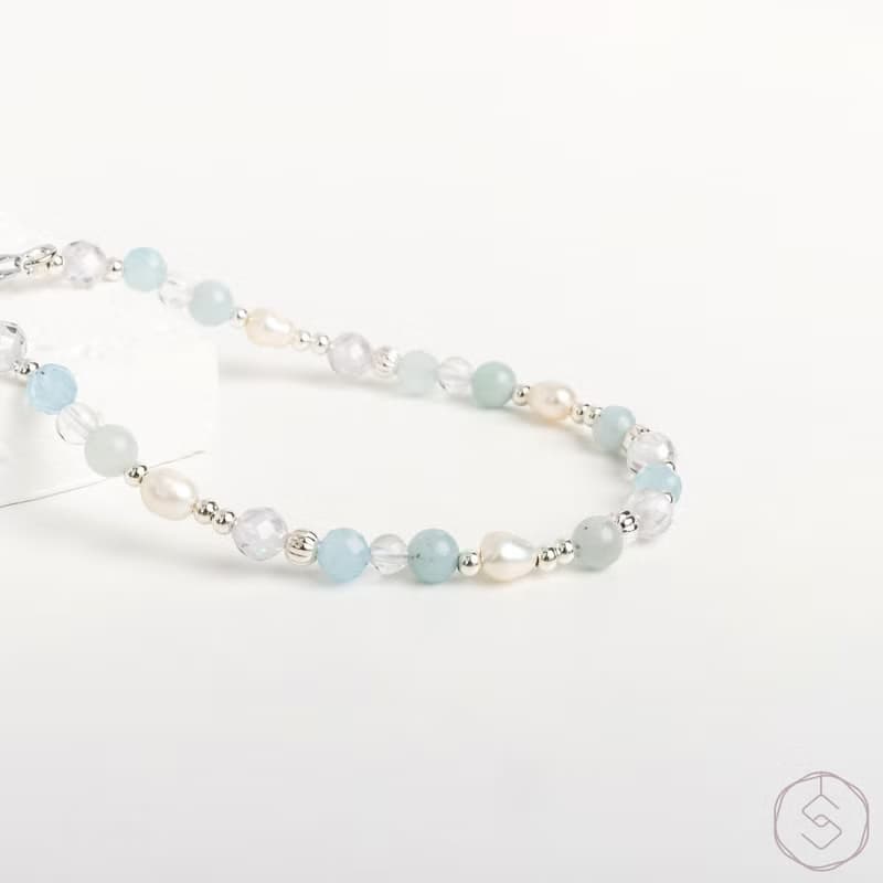 曙光 | 海藍寶 淡水珍珠 白水晶 S925純銀 | 天然水晶手鍊