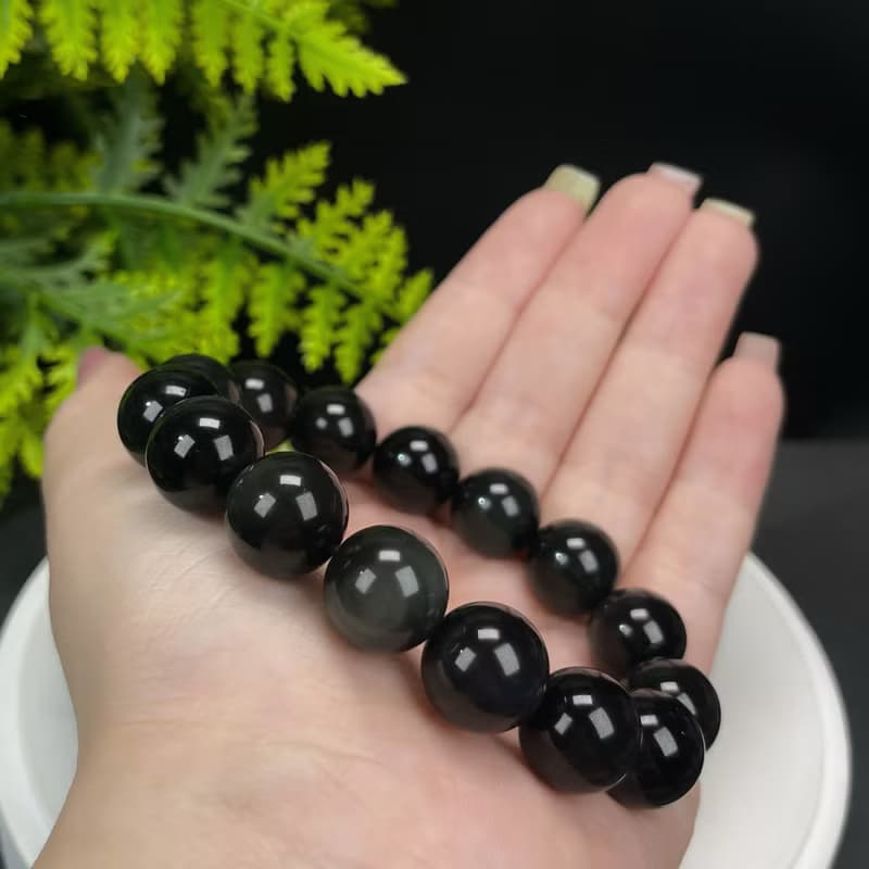 天然彩曜石手串14mm顆顆帶眼彩虹黑曜石手錬女款手珠單圈光澤瑩潤