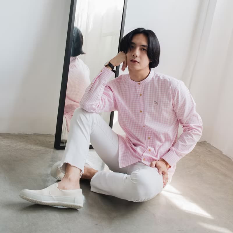 (SIZE M) SWALLOW // pink white check // men straight fit