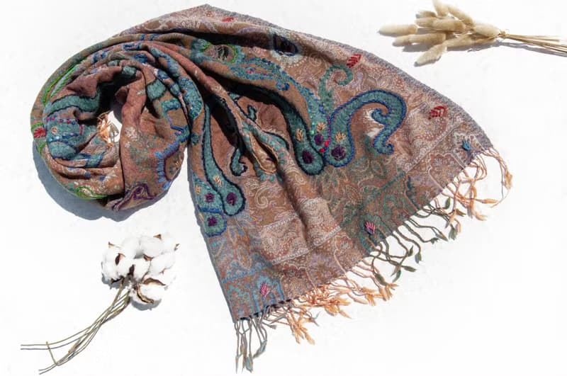 喀什米爾Cashmere/水煮羊毛披肩/針織圍巾/刺繡圍巾/羊絨披巾-花