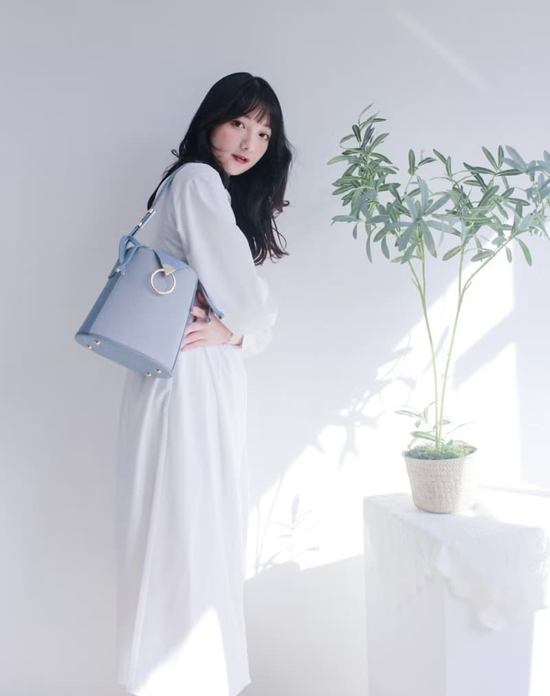 清新版人氣王 素皮革包 Rachel 水桶包 長/短帶兩用 灰藍色