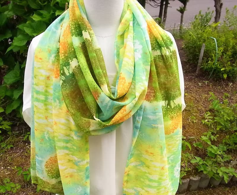 二週間【The sky dyed in osmanthus】水彩画シフォンストール　スカーフ　金木犀　桂花　誕生日プレゼント　母の日　男性への贈り物　クリスマス