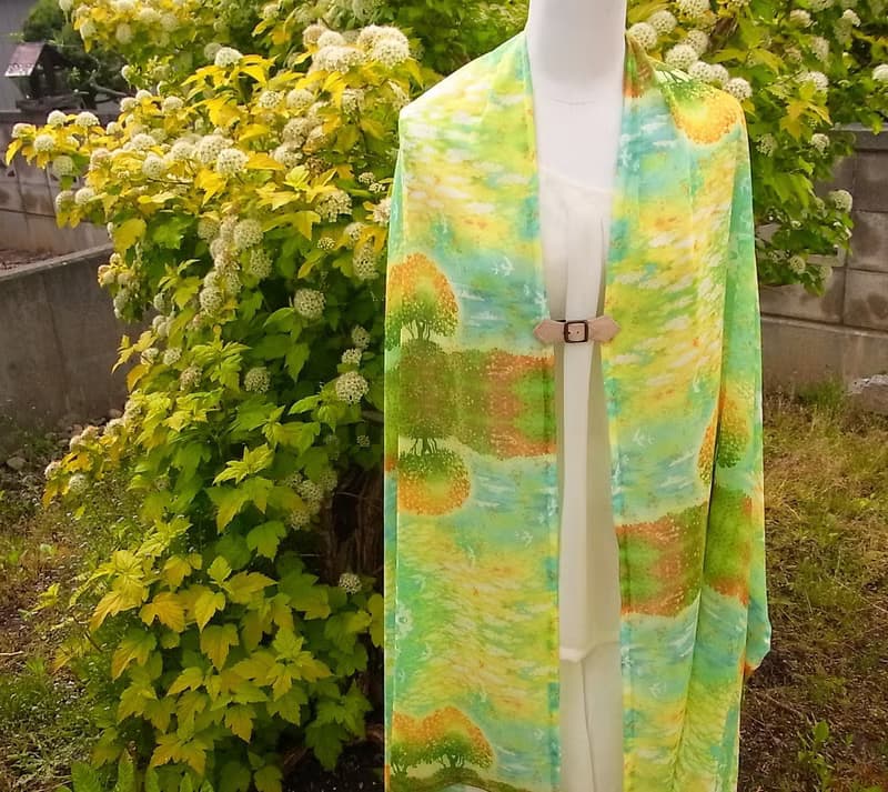 二週間【The sky dyed in osmanthus】水彩画シフォンストール　スカーフ　金木犀　桂花　誕生日プレゼント　母の日　男性への贈り物　クリスマス