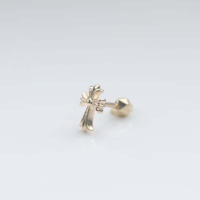 14K Gold Cross Piercing 金十字鎖珠耳環耳骨 耳窩 不退色