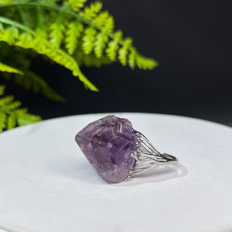 紫水晶活口戒指 隨形晶柱紫色水晶原石標本礦物手工指環 S925銀