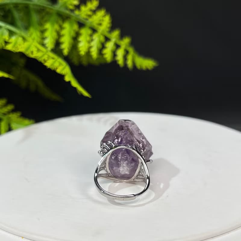 紫水晶活口戒指 隨形晶柱紫色水晶原石標本礦物手工指環 S925銀
