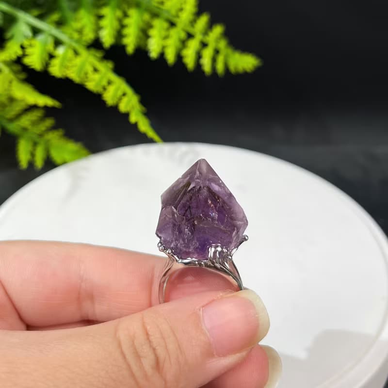 紫水晶活口戒指 隨形晶柱紫色水晶原石標本礦物手工指環 S925銀