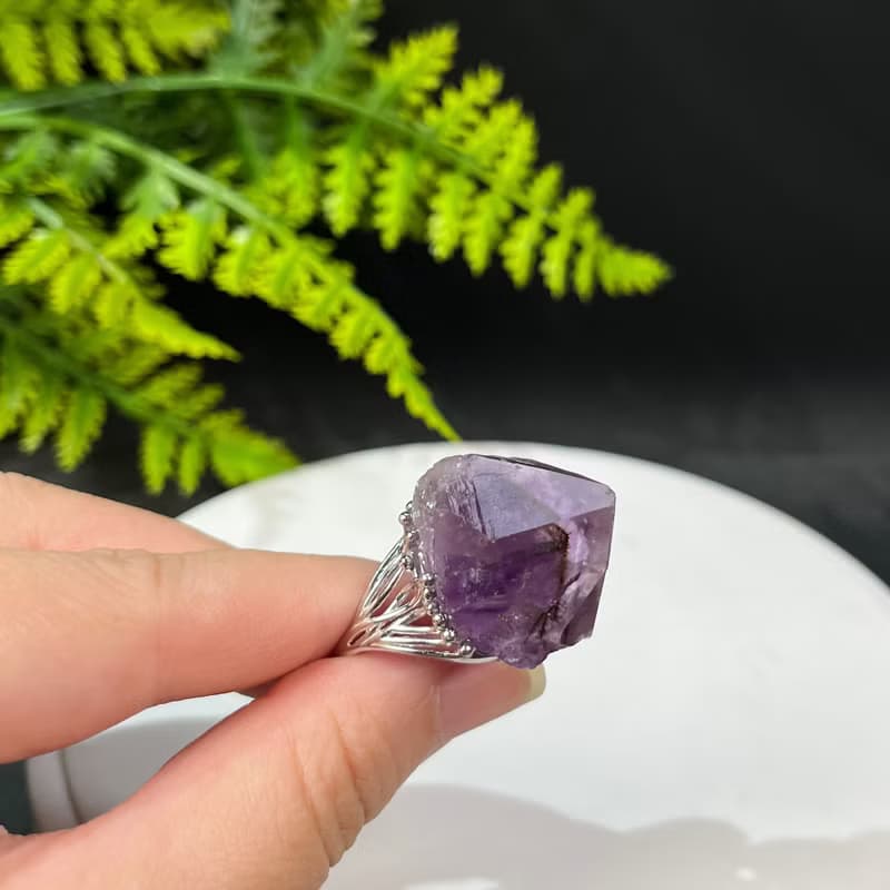 紫水晶活口戒指 隨形晶柱紫色水晶原石標本礦物手工指環 S925銀