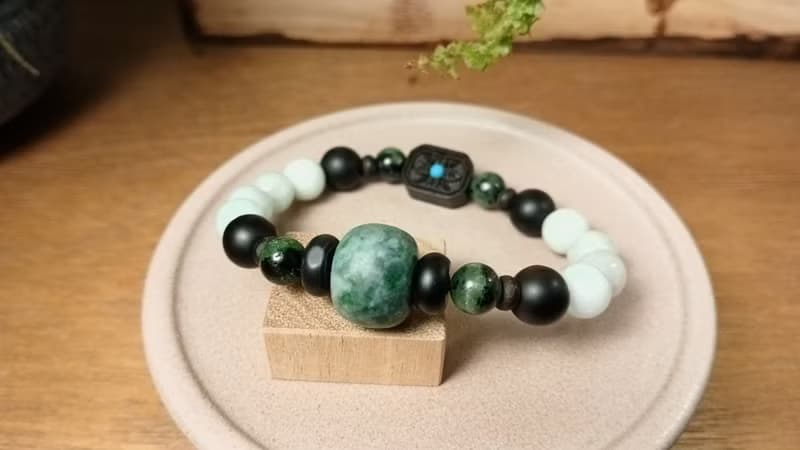 珠串設計手鍊 老花青緬甸玉+緬甸玉+黑曜石+檀木/霧面可把玩